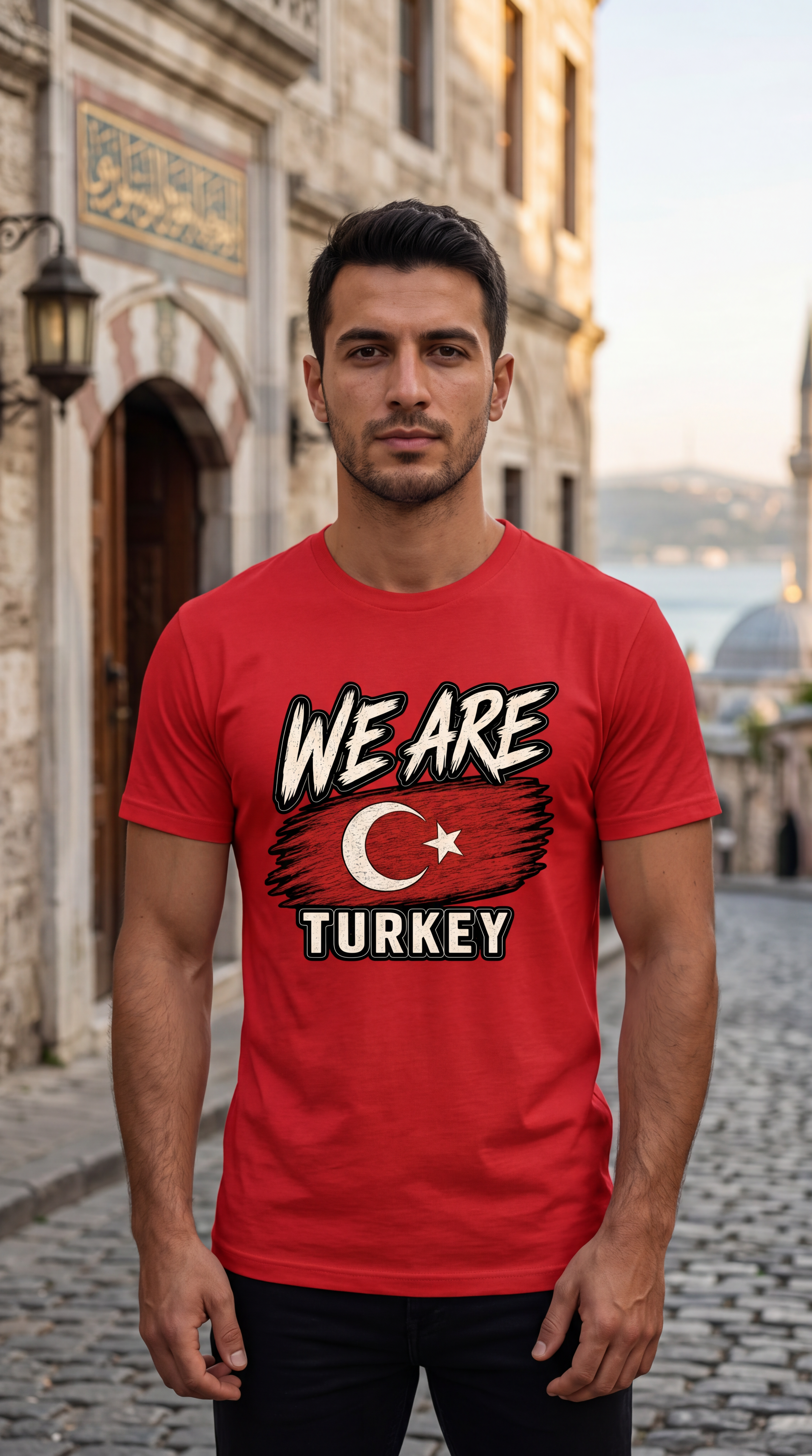 A man wearing a red graphic t-shirt with 'WE ARE TURKEY' and a Turkish flag design, standing on a cobblestone street in front of historic buildings.