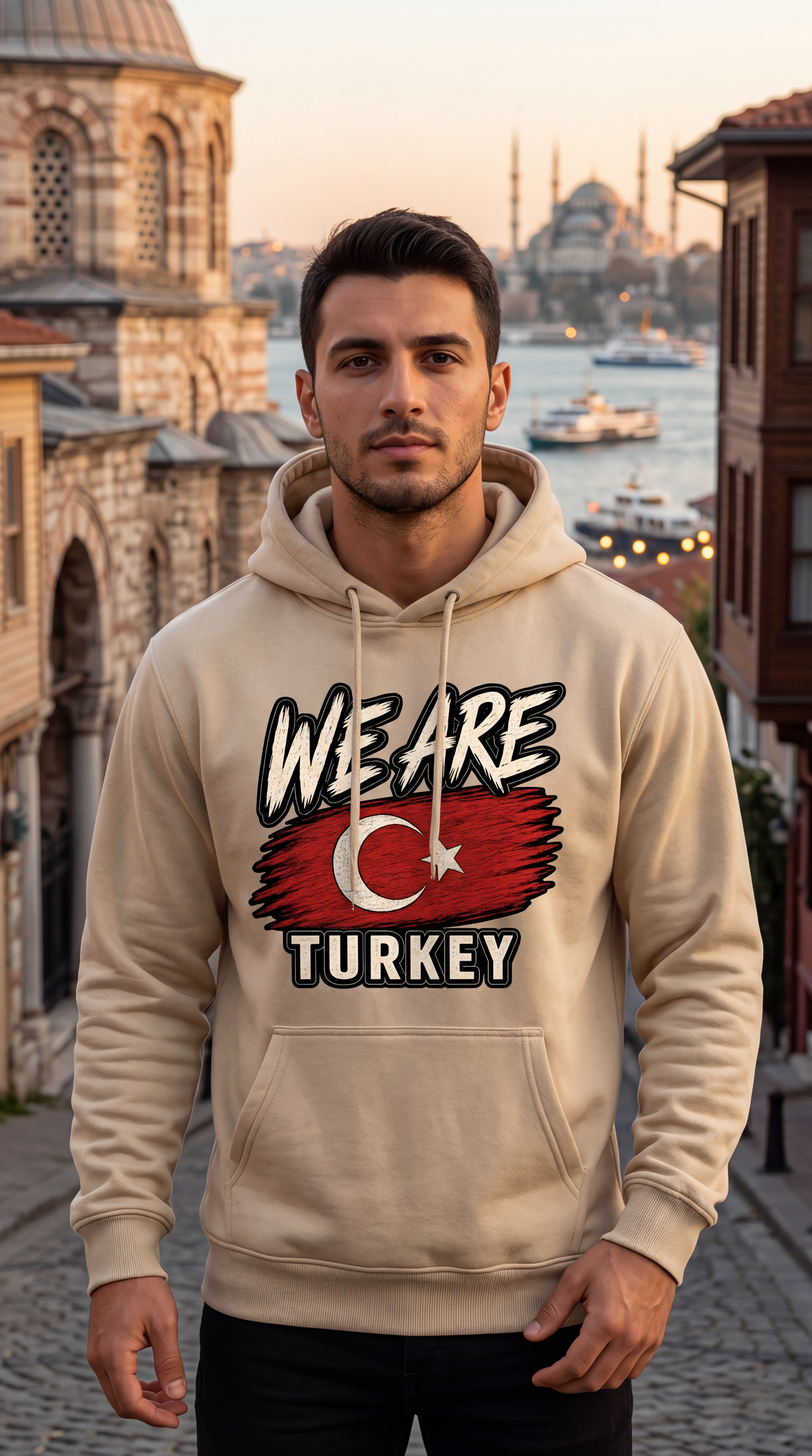 A man wearing a beige hoodie with a graphic that reads 'WE ARE TURKEY' over a Turkish flag design, standing outdoors in front of Istanbul landmarks at sunset.