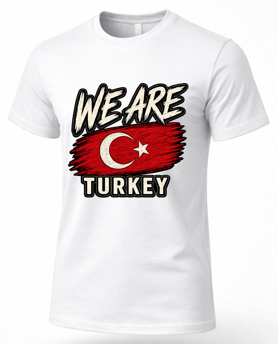 A white short-sleeve crewneck t-shirt featuring a distressed graphic print that reads 'WE ARE TURKEY' with a red and white Turkish flag design in the center.