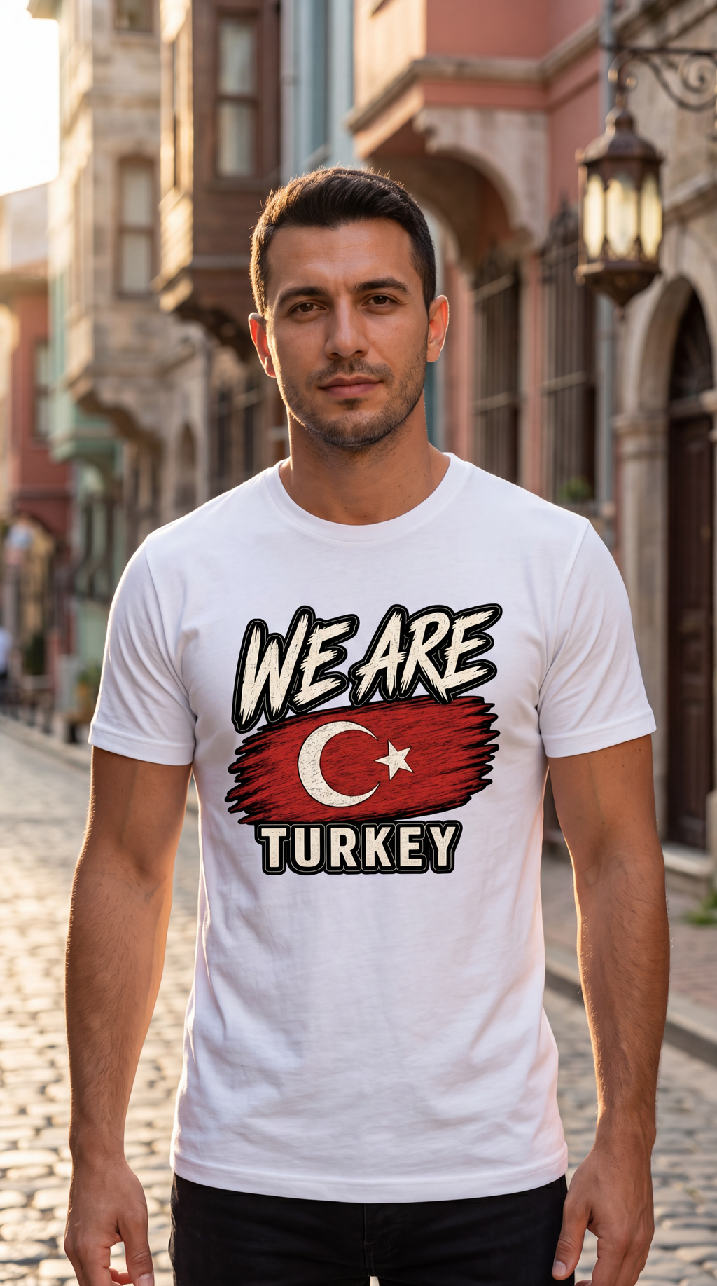 A man wearing a white graphic t-shirt with 'WE ARE TURKEY' and a Turkish flag design, standing on a cobblestone street in front of blurred historic buildings.