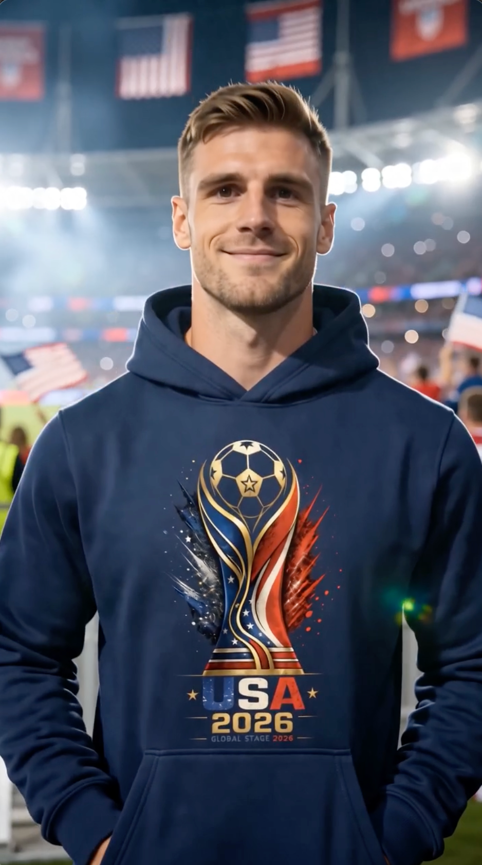 USA 2026 soccer fan wearing navy blue patriotic football hoodie in a packed stadium during a nighttime match event.
