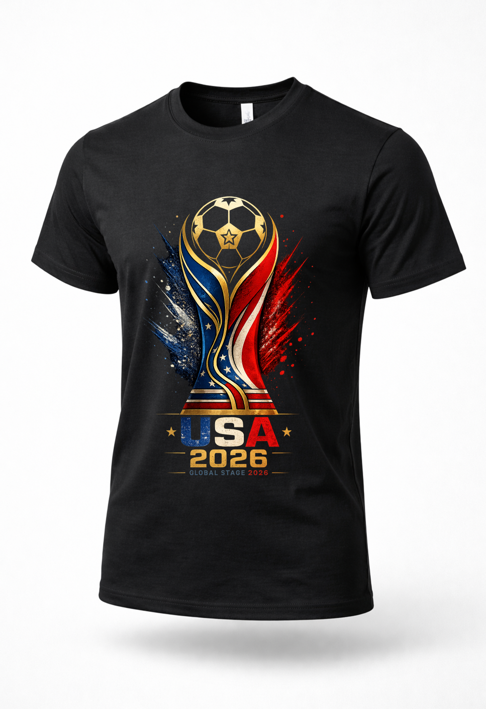 USA 2026 Global Stage soccer graphic t-shirt in black with patriotic red white and blue trophy design for soccer fans and streetwear apparel