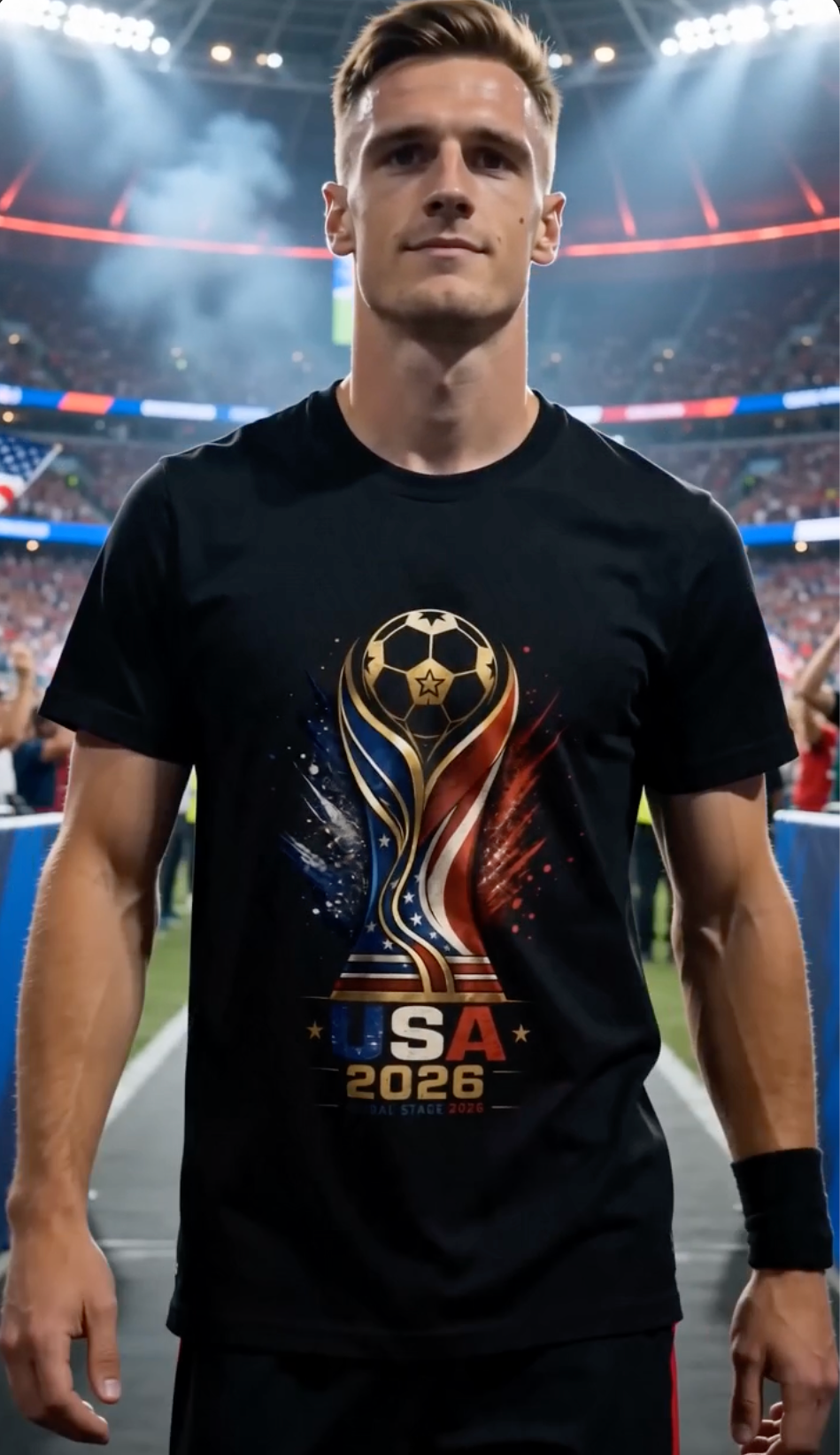 Male soccer fan wearing USA 2026 Global Stage graphic t-shirt inside a packed stadium with patriotic soccer streetwear design in red white and blue colors