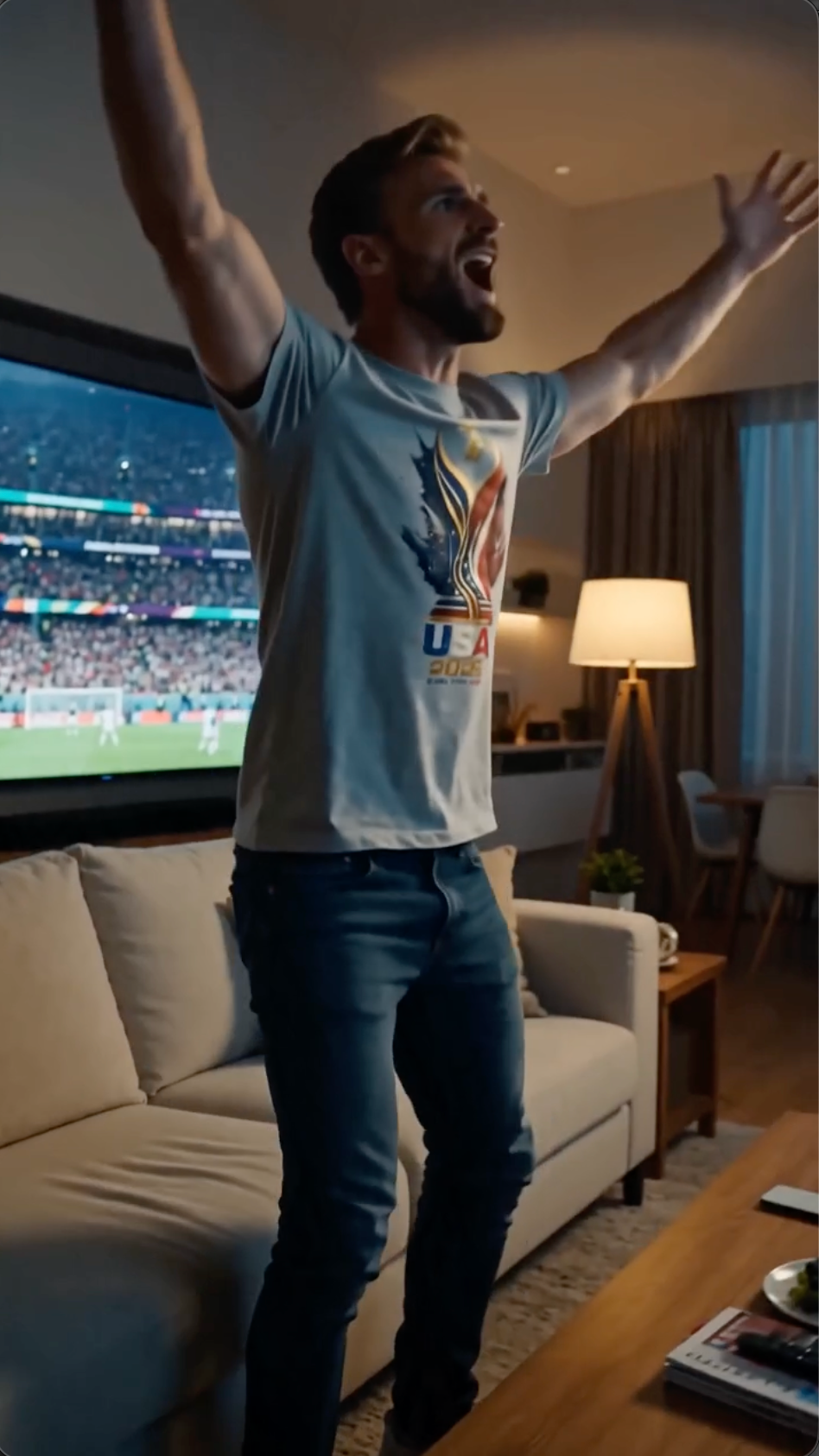 Soccer fan celebrating at home while wearing USA 2026 Global Stage graphic t-shirt with patriotic red white and blue soccer inspired streetwear design