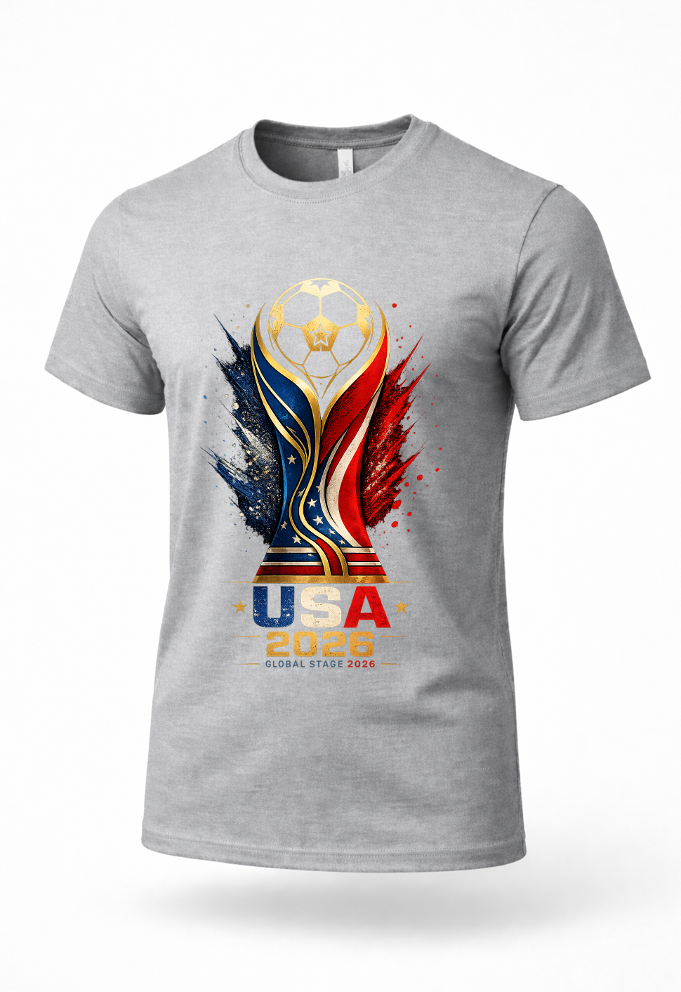 Gray USA 2026 Global Stage soccer graphic t-shirt featuring patriotic red white and blue trophy artwork for soccer fans streetwear and tournament apparel