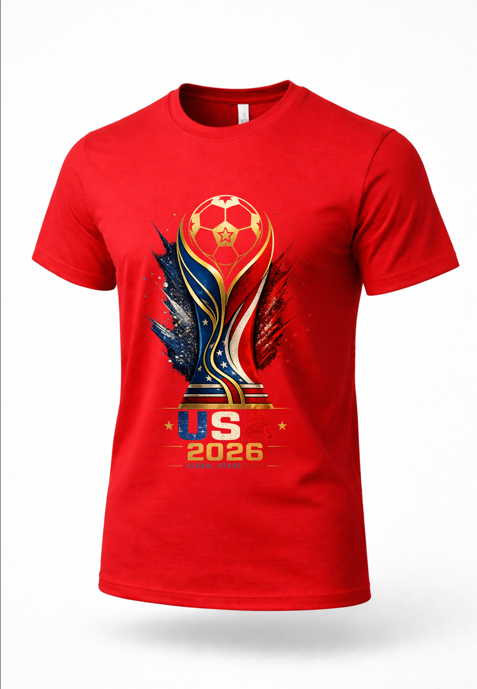 Red USA 2026 Global Stage soccer graphic t-shirt with patriotic red white and blue trophy artwork for soccer fans streetwear and tournament inspired apparel