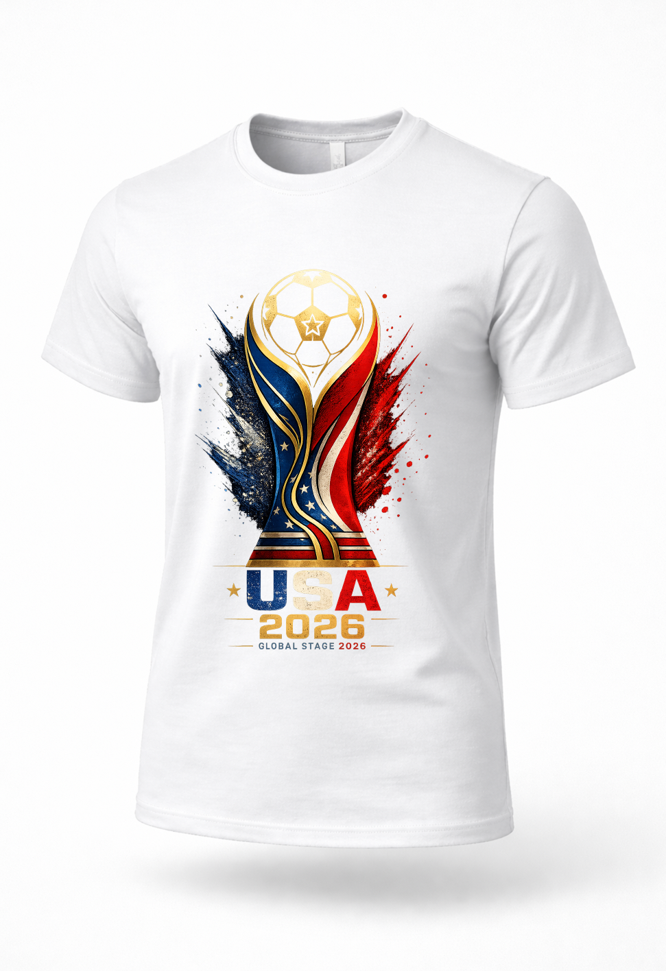 White USA 2026 Global Stage soccer graphic t-shirt featuring patriotic red white and blue trophy artwork for soccer fans streetwear and tournament apparel