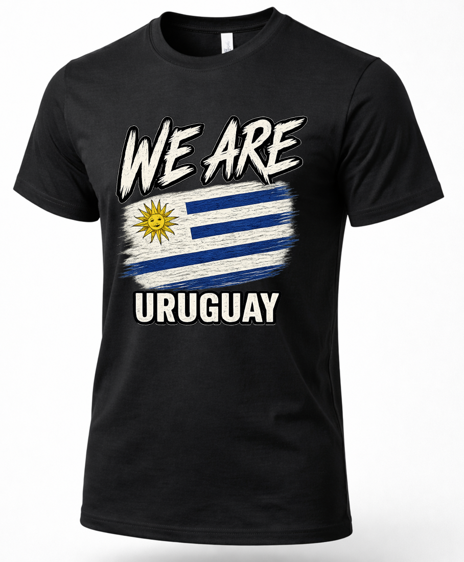 A black short-sleeve crewneck t-shirt featuring a distressed graphic of the Uruguayan flag with the text 'WE ARE URUGUAY' in white and blue lettering.