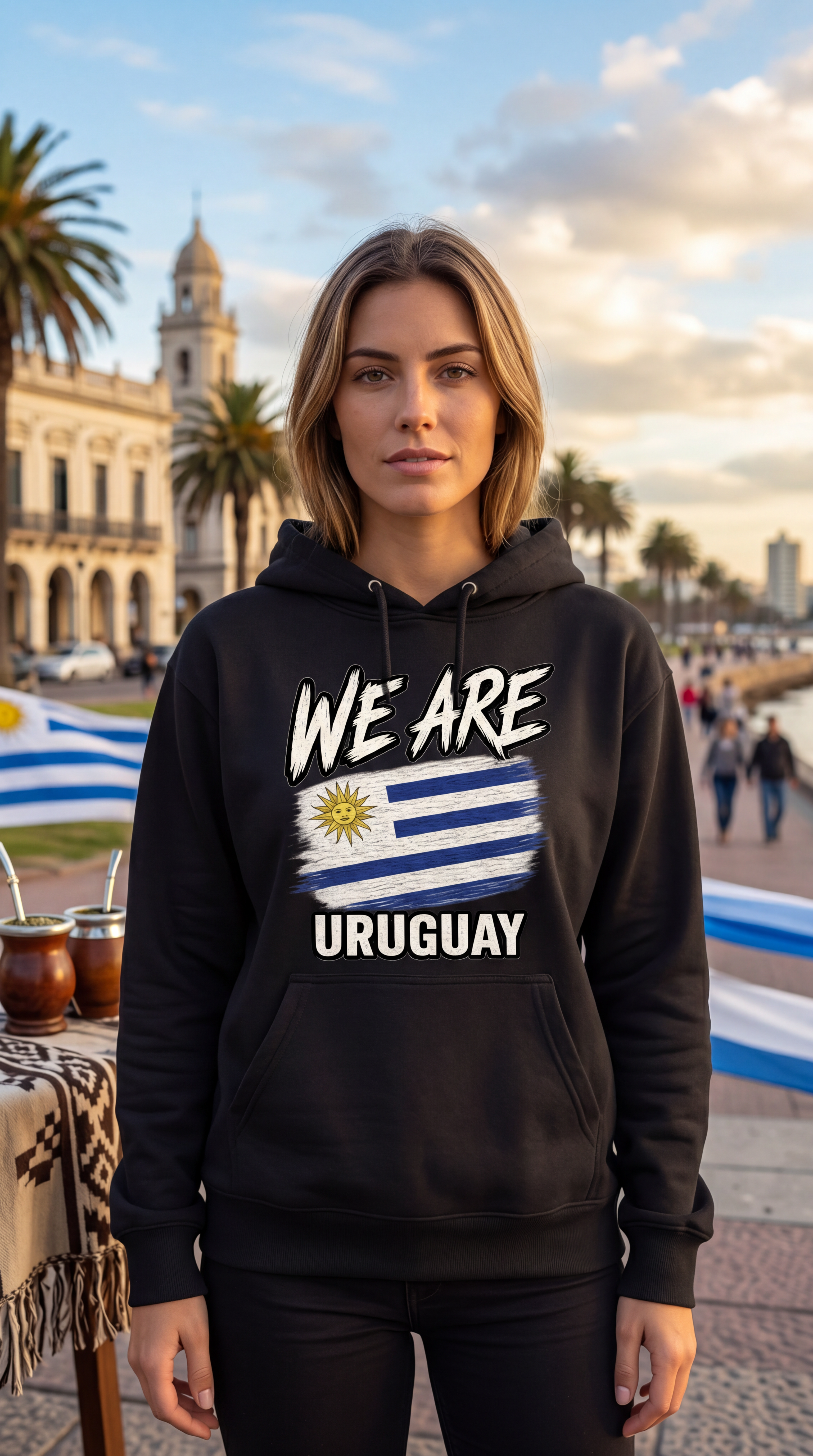 A woman wearing a black hoodie with a graphic that reads 'WE ARE URUGUAY' and features the Uruguay flag, standing outdoors in front of a historic building and palm trees.