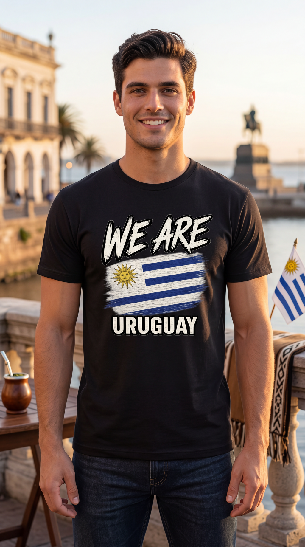 A smiling man wearing a black graphic t-shirt with 'WE ARE URUGUAY' and the Uruguay flag printed on the front, standing outdoors in front of a scenic waterfront.