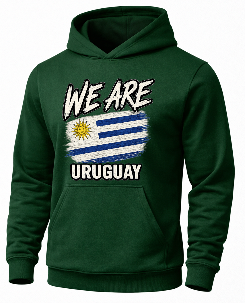 A dark green pullover hoodie featuring a graphic print of the Uruguay flag and the text 'WE ARE URUGUAY' on the front, displayed against a solid white background.