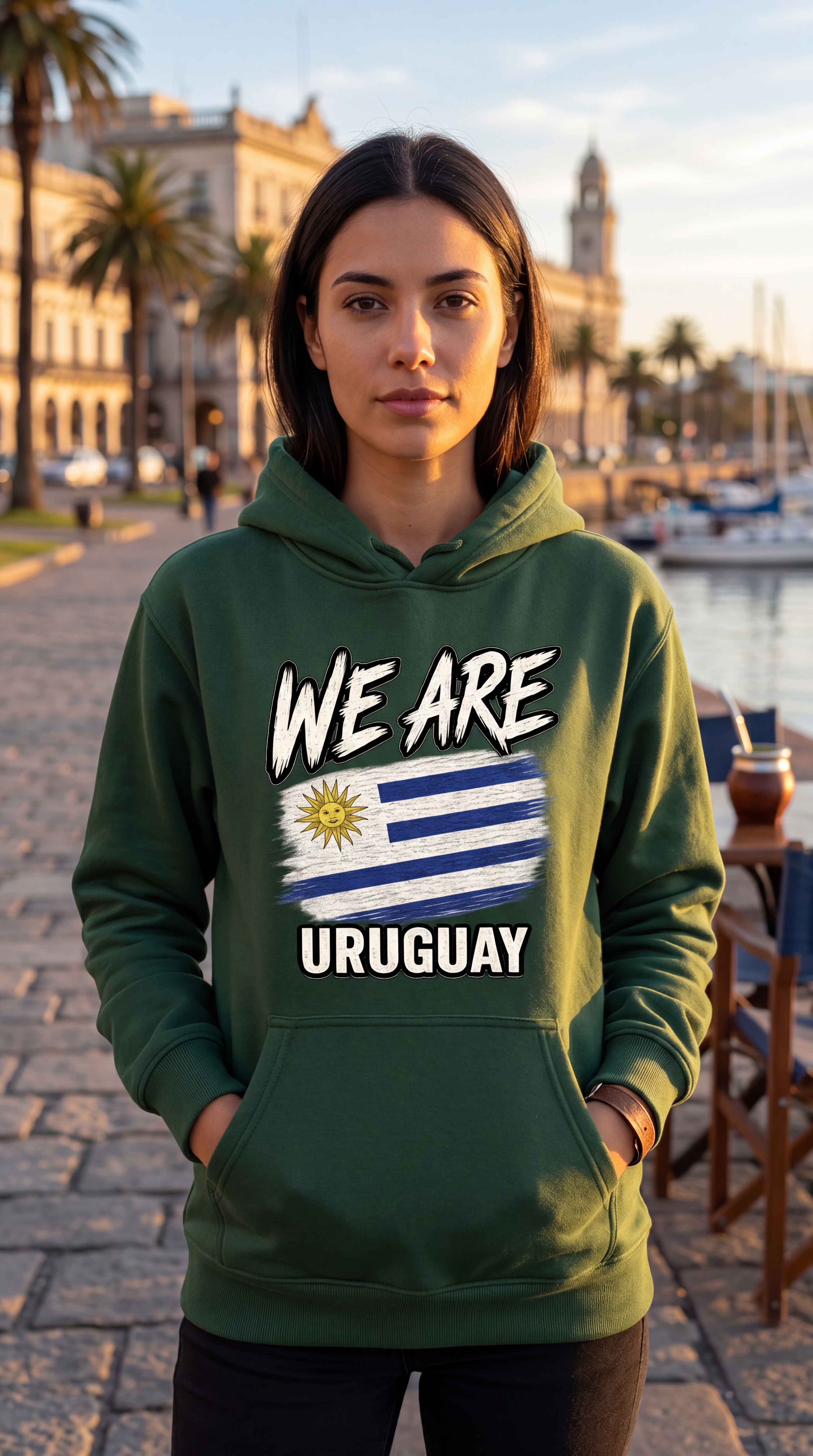 Woman wearing Forest green Uruguay flag hoodie with WE ARE heritage graphic printed on a premium Gildan Heavy Blend unisex hoodie.