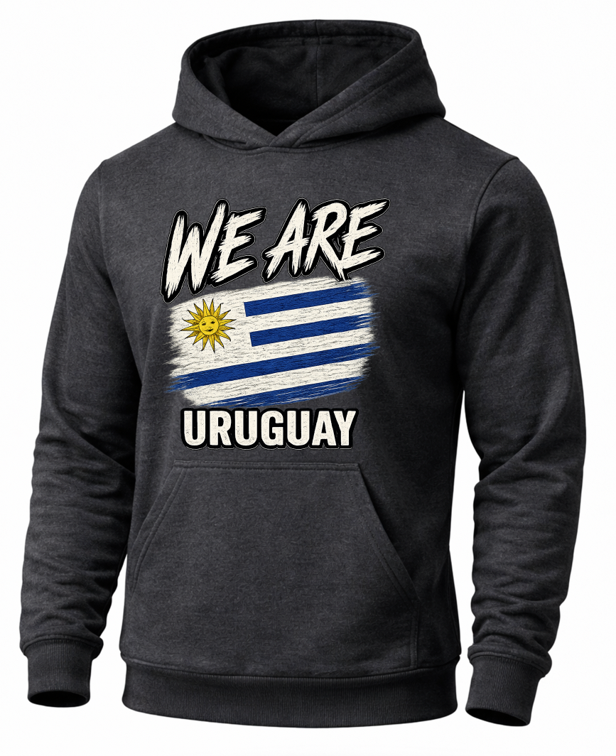 A dark charcoal gray hoodie featuring a distressed graphic of the Uruguay flag with the text 'WE ARE URUGUAY' in white and blue, shown on a plain white background.