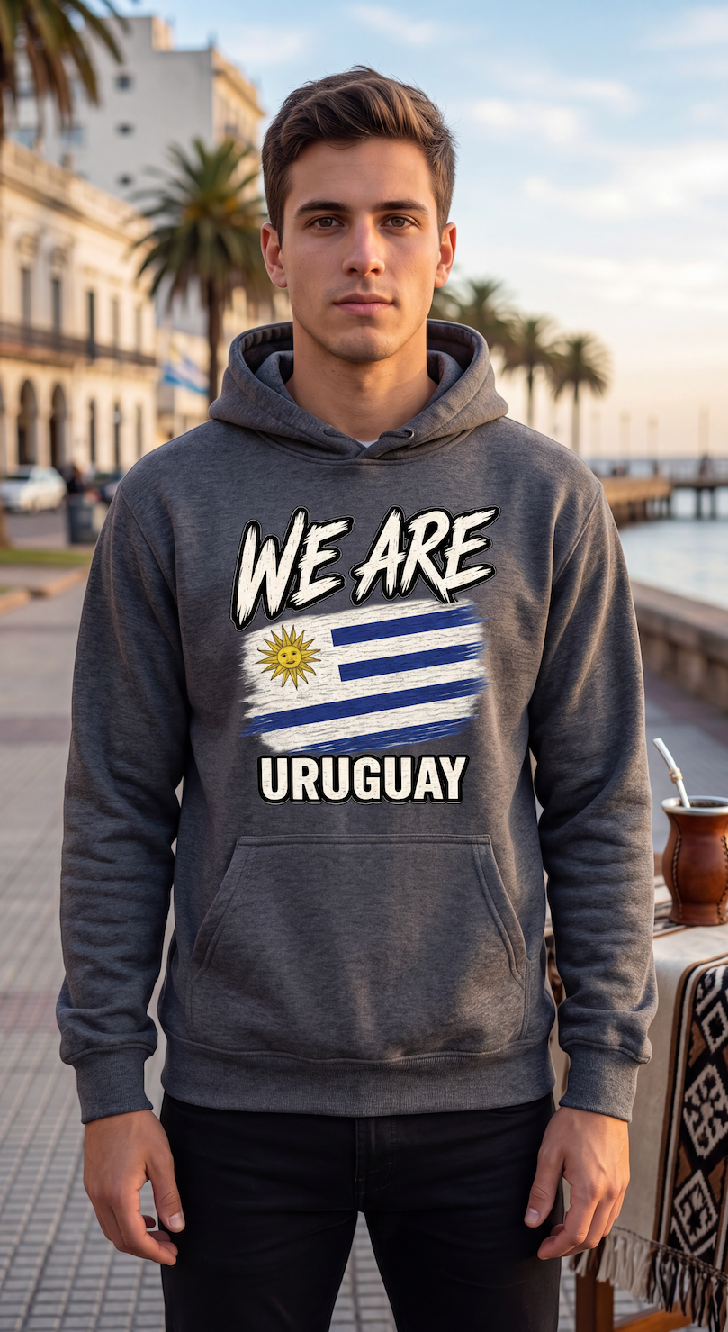 A man wearing a dark gray hoodie with a graphic print of the Uruguay flag and the text 'WE ARE URUGUAY' stands outdoors on a waterfront promenade.