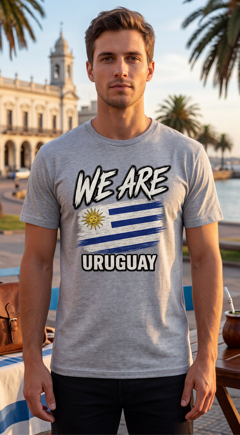 A man wearing a heather gray t-shirt with a graphic print of the Uruguay flag and the text 'WE ARE URUGUAY'. The background shows a blurred outdoor scene with a historic building and palm trees.