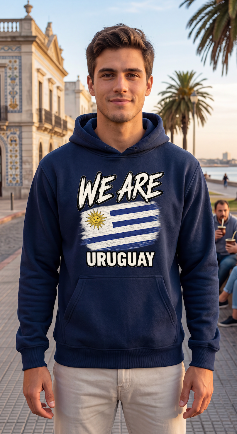 A man wearing a navy blue hoodie with a graphic print of the Uruguay flag and the text 'WE ARE URUGUAY' stands outdoors on a city walkway with palm trees and a historic building in the background.