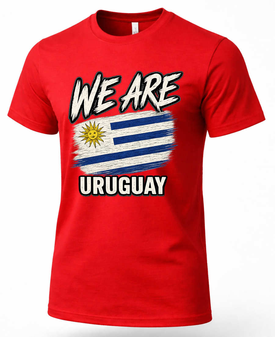 A red short-sleeve crewneck t-shirt featuring a graphic print of the Uruguay flag with the text 'WE ARE URUGUAY' in bold white letters with black outlines.