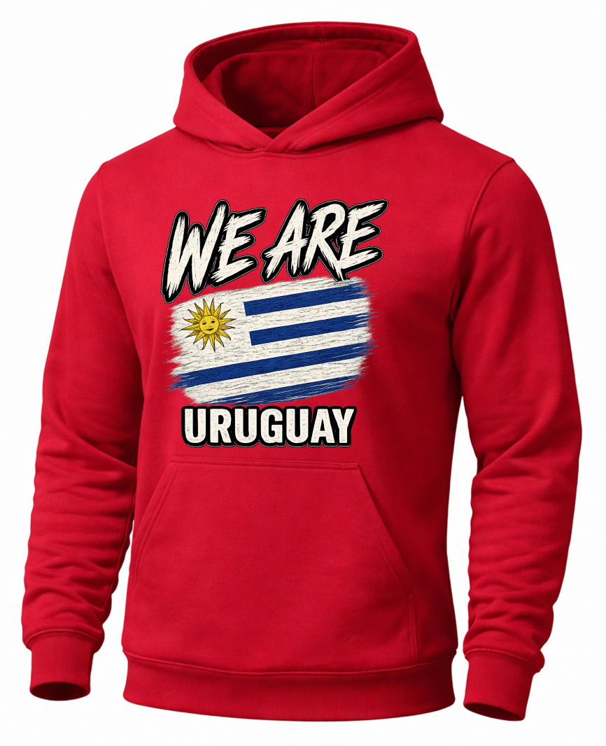 A red pullover hoodie featuring a distressed graphic of the Uruguay flag with the text 'WE ARE URUGUAY' printed on the front.