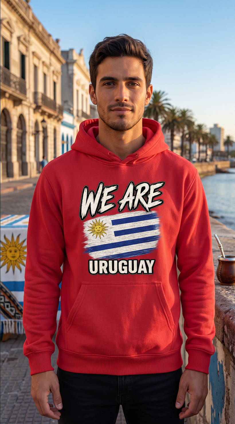 A man wearing a red hoodie with a graphic that reads 'WE ARE URUGUAY' and features the Uruguay flag, standing outdoors on a waterfront with buildings and palm trees in the background.