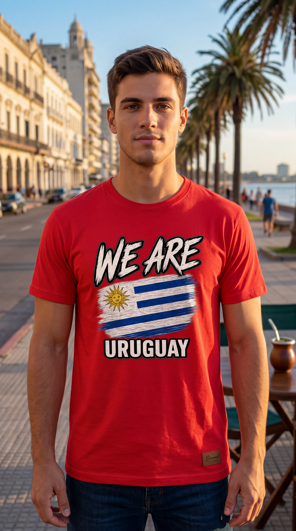 A man wearing a bright red graphic t-shirt with 'WE ARE URUGUAY' and the Uruguay flag printed on the front, standing on a sunny seaside promenade with palm trees and historic buildings in the background.