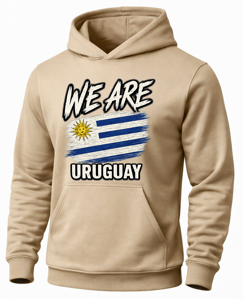 A beige pullover hoodie featuring a graphic print of the Uruguay flag and the text 'WE ARE URUGUAY' on the front, displayed on a clean white background.