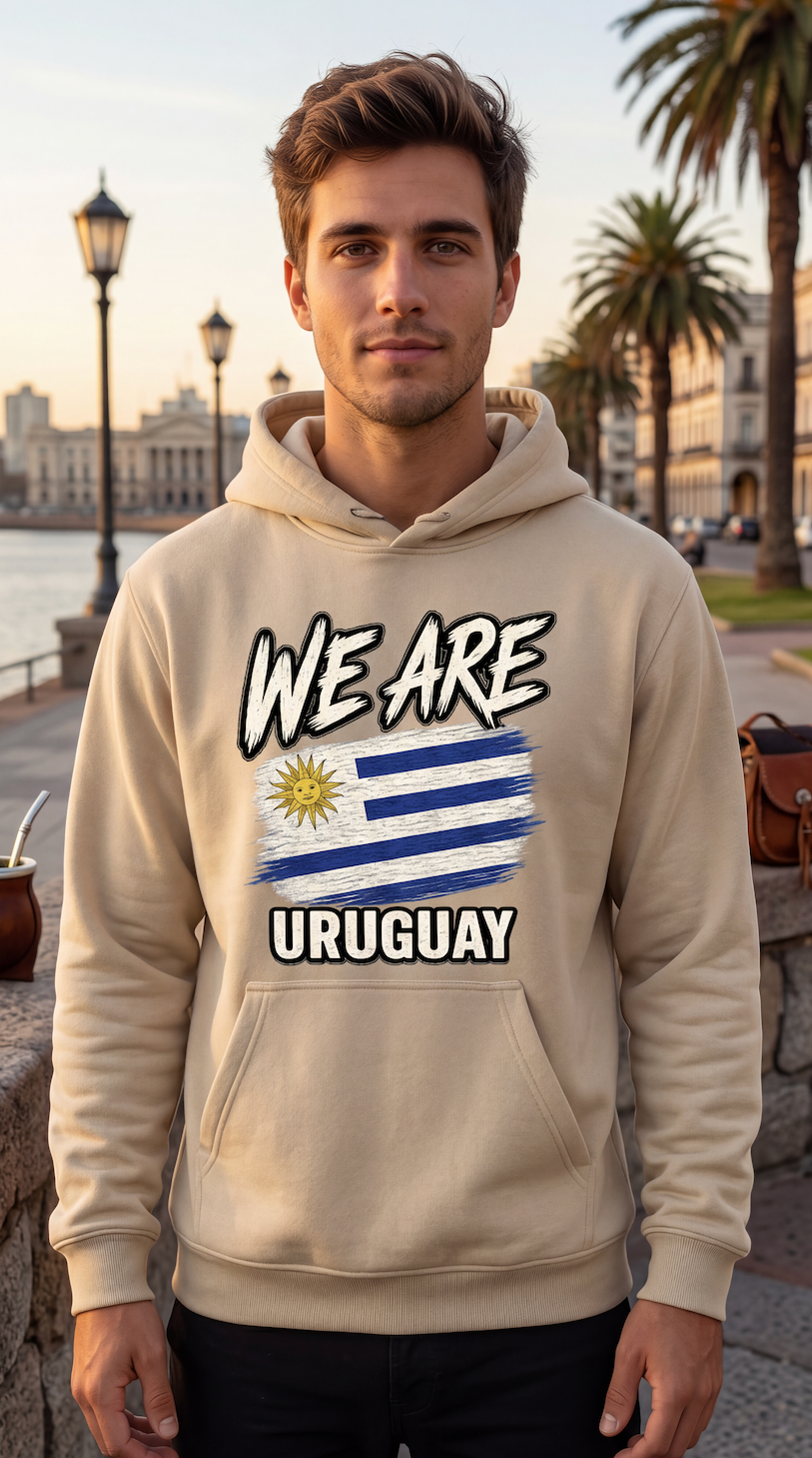 A man wearing a beige hoodie with a graphic print that reads 'WE ARE URUGUAY' and features the Uruguayan flag, standing outdoors in front of a scenic waterfront with palm trees and historic buildings.