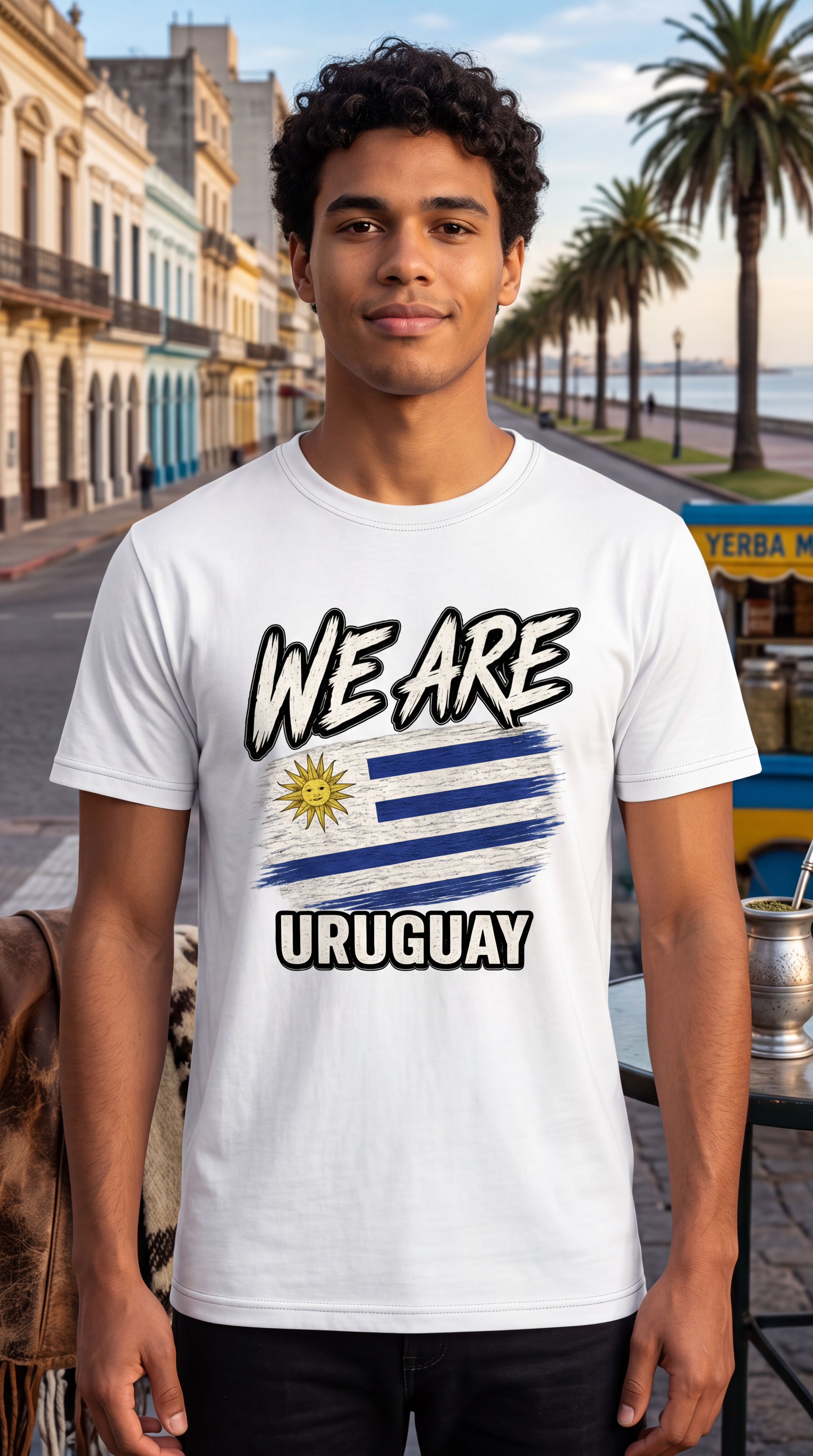 A man wearing a white graphic t-shirt with 'WE ARE URUGUAY' and the Uruguayan flag printed on the front, standing on a scenic coastal street with palm trees.