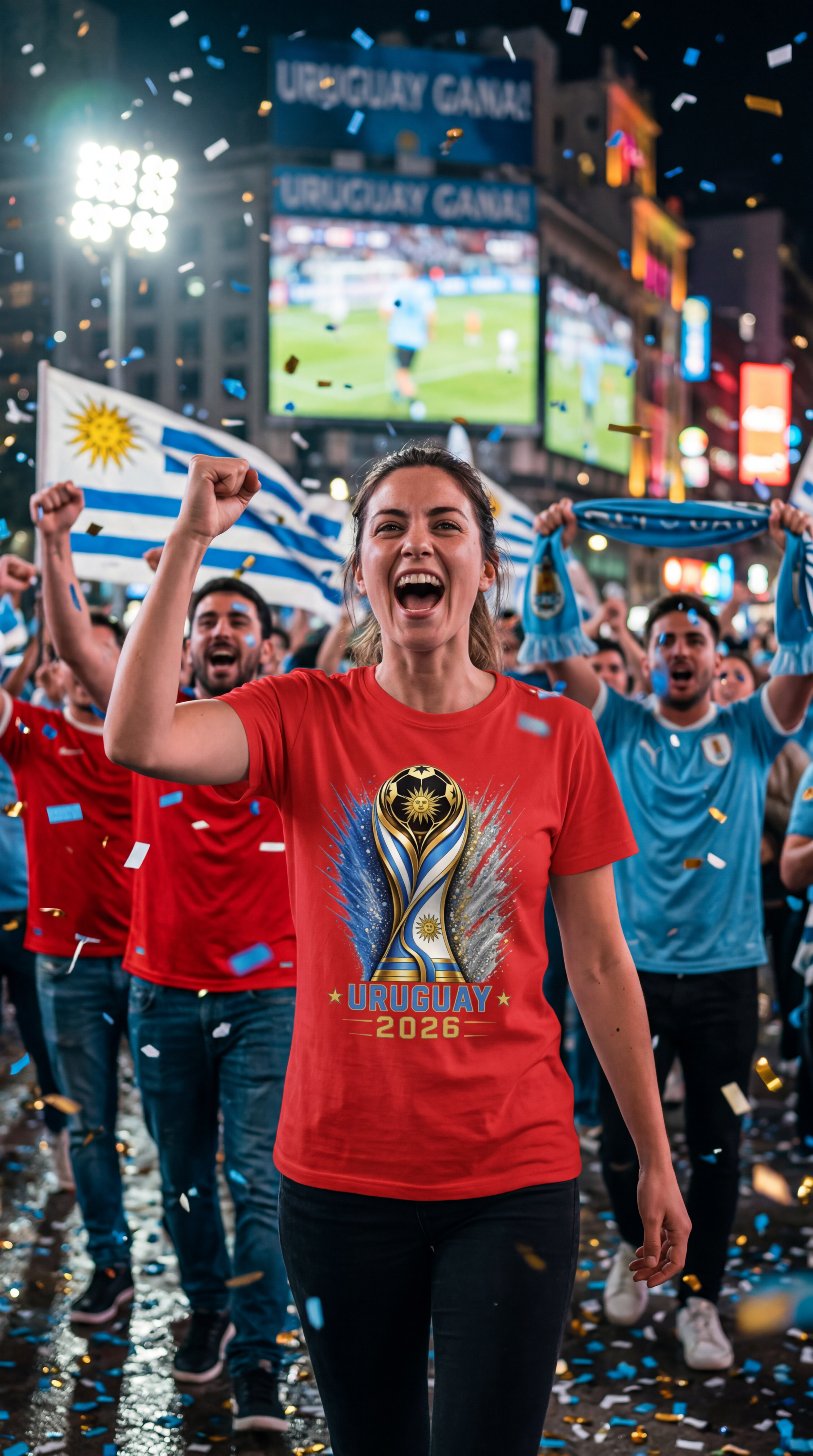 Uruguay football fans celebrating while wearing tournament inspired soccer shirt