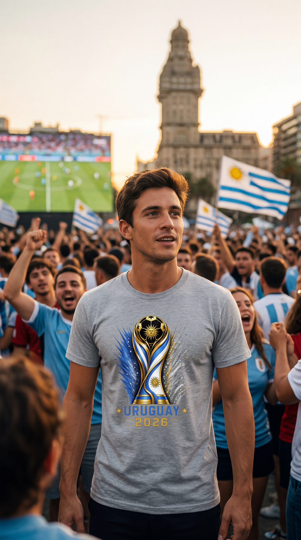 Uruguay supporter wearing soccer shirt celebrating during football match