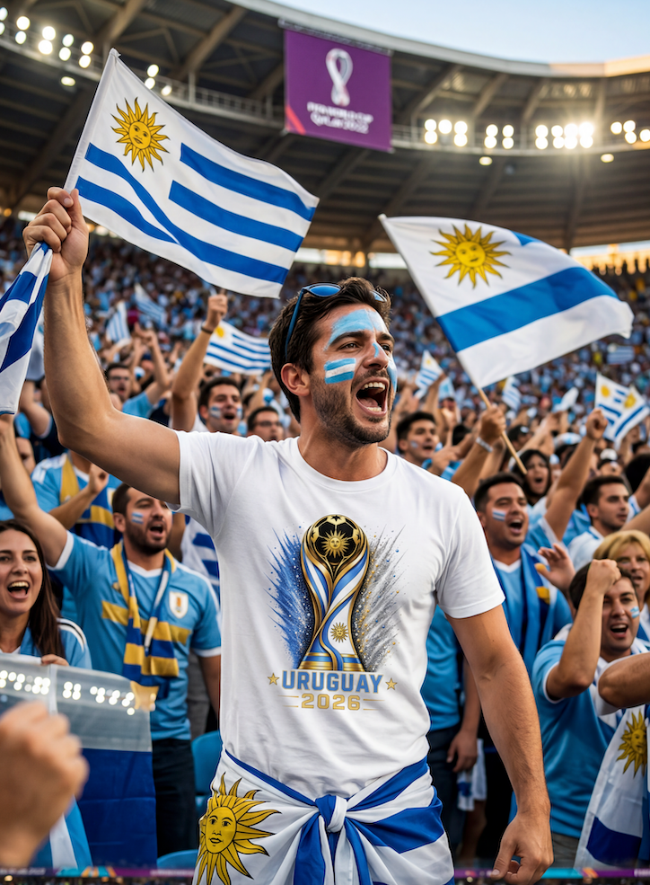 Uruguay supporter wearing soccer shirt celebrating during football match