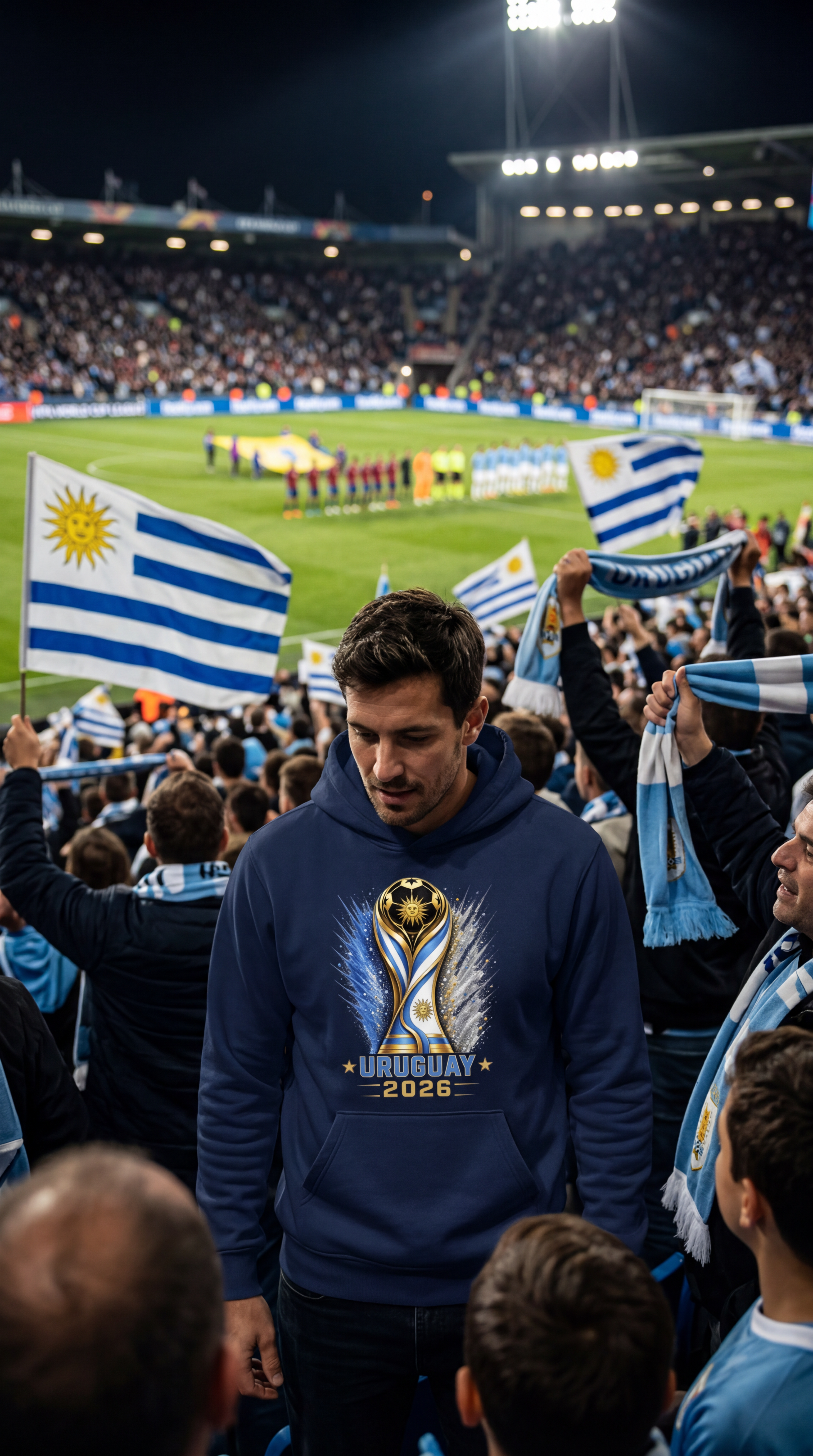Uruguay supporters wearing soccer hoodie during international football match