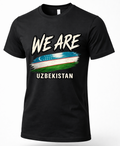 A black short-sleeve crewneck t-shirt featuring a distressed graphic print of the word 'WE ARE' above the flag of Uzbekistan, with 'UZBEKISTAN' printed below in white.