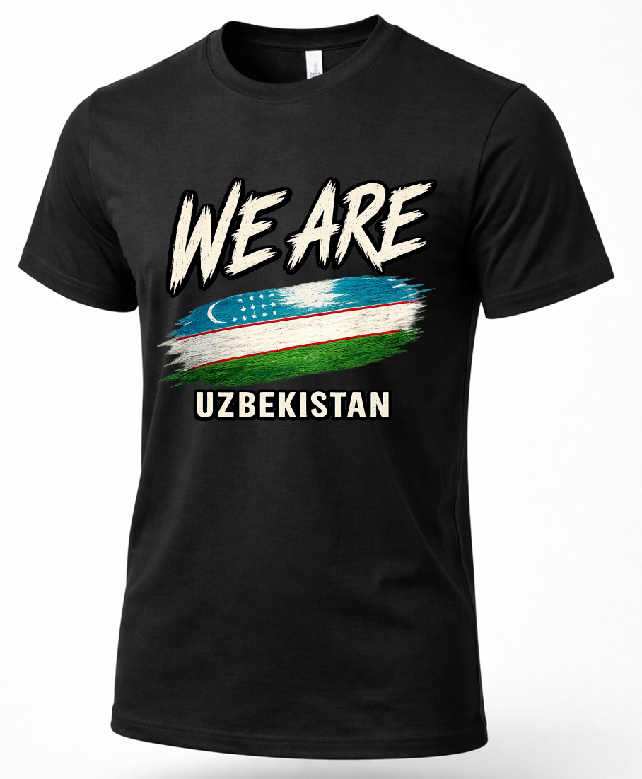 A black short-sleeve crewneck t-shirt featuring a distressed graphic print of the word 'WE ARE' above the flag of Uzbekistan, with 'UZBEKISTAN' printed below in white.