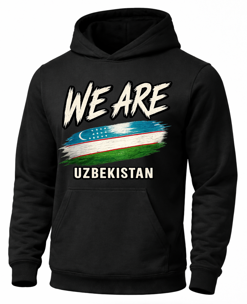A black pullover hoodie featuring a distressed graphic print on the front. The design displays the text 'WE ARE' in a white, brush-stroke style font above a stylized, brush-stroke version of the Uzbekistan flag, and 'UZBEKISTAN' printed below in white block letters.