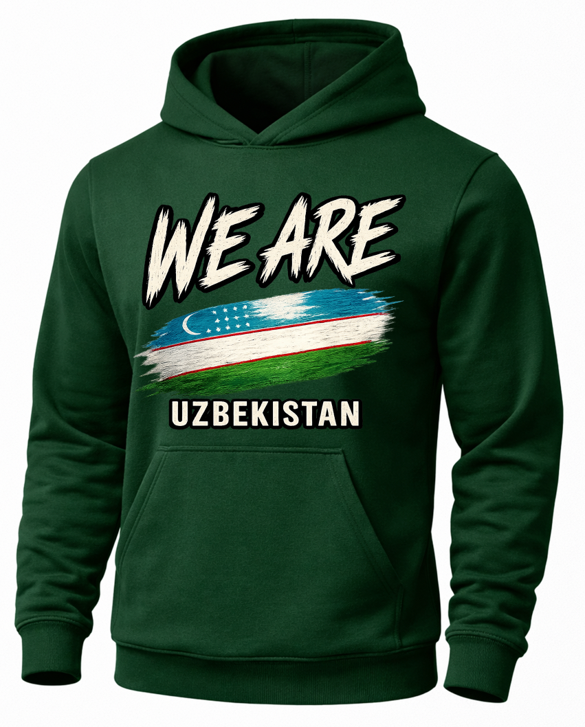 A dark green pullover hoodie with a graphic print on the front. The design features the text 'WE ARE' in a white brush-stroke font above a stylized flag of Uzbekistan, and 'UZBEKISTAN' printed below in white.