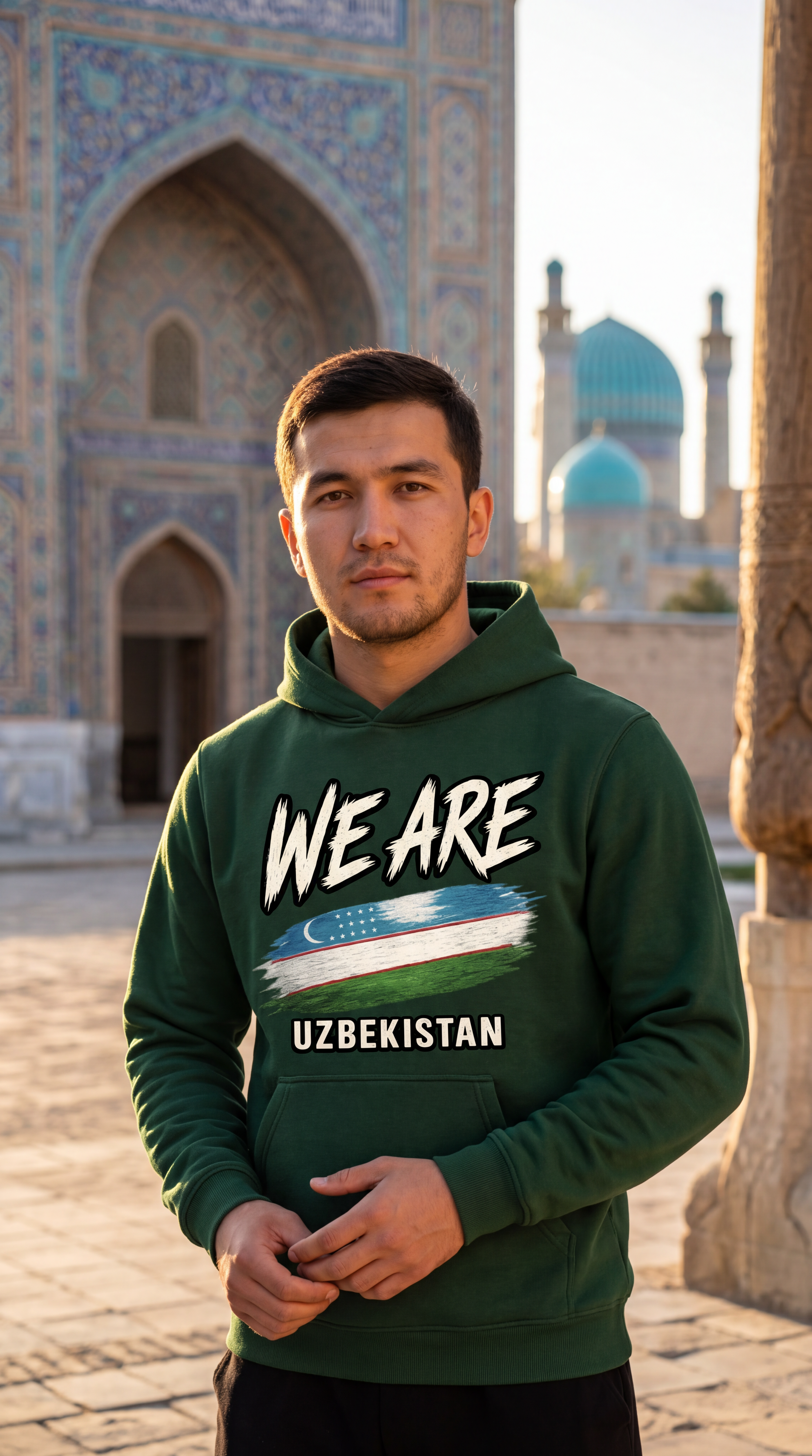 A man wearing a dark green hoodie with a graphic print that reads 'WE ARE UZBEKISTAN' and features the Uzbek flag, standing in front of a historic tiled mosque with blue domes.