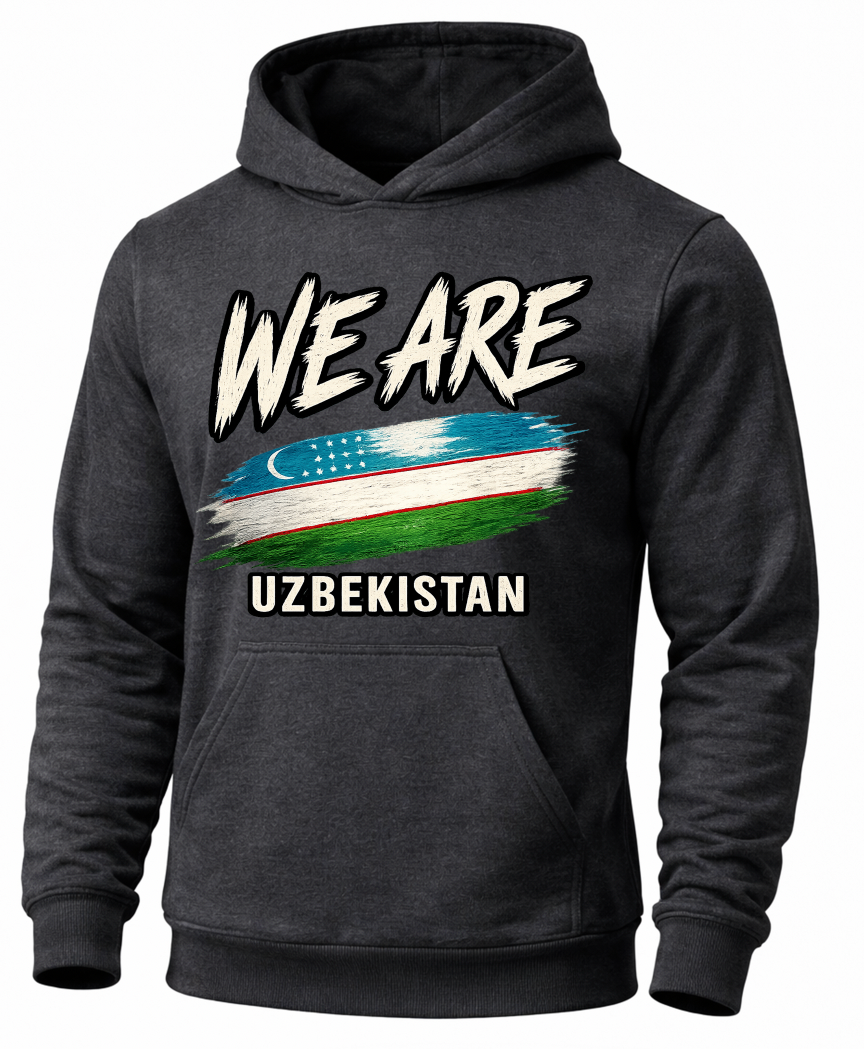 A dark gray heather hoodie featuring a graphic print on the front with the text 'WE ARE UZBEKISTAN' and a stylized brushstroke version of the Uzbek flag.