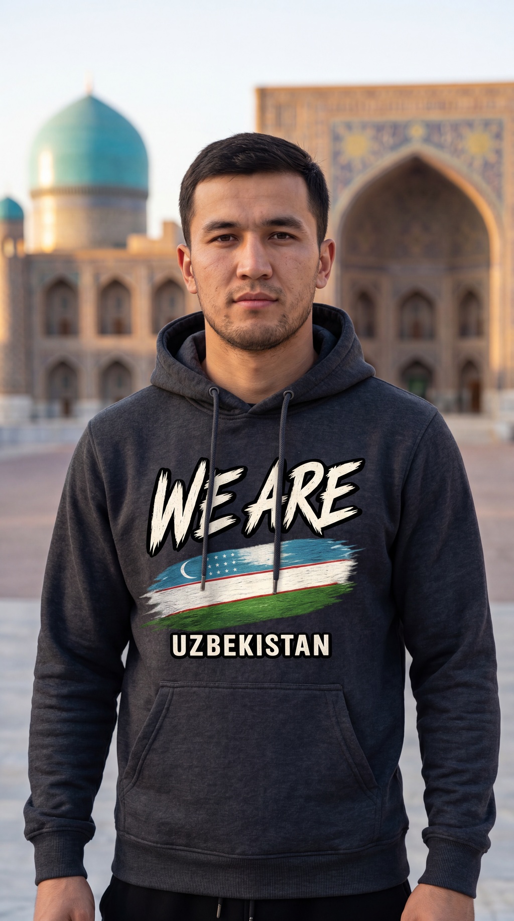A man wearing a dark gray hoodie with 'WE ARE UZBEKISTAN' and a stylized Uzbek flag graphic, standing in front of a historic domed building.