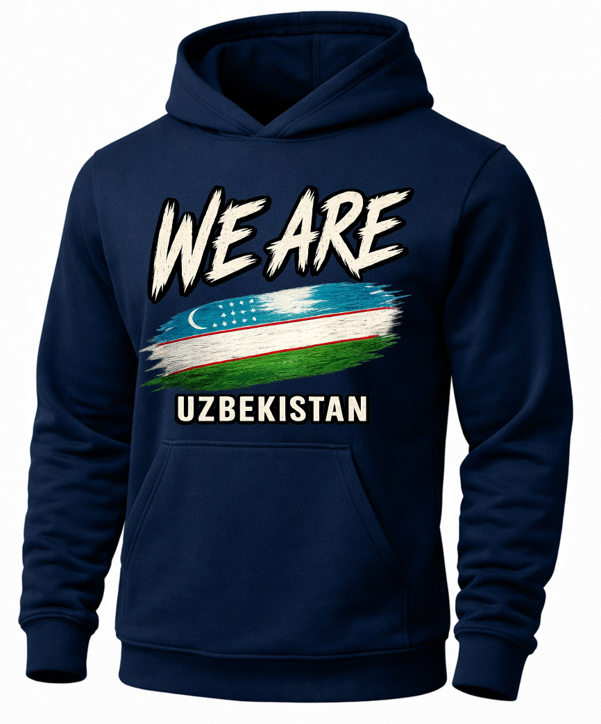 A navy blue pullover hoodie with a graphic print on the front. The design features the text 'WE ARE' in a distressed white font above a stylized brushstroke depiction of the Uzbekistan flag, and 'UZBEKISTAN' printed below in white.