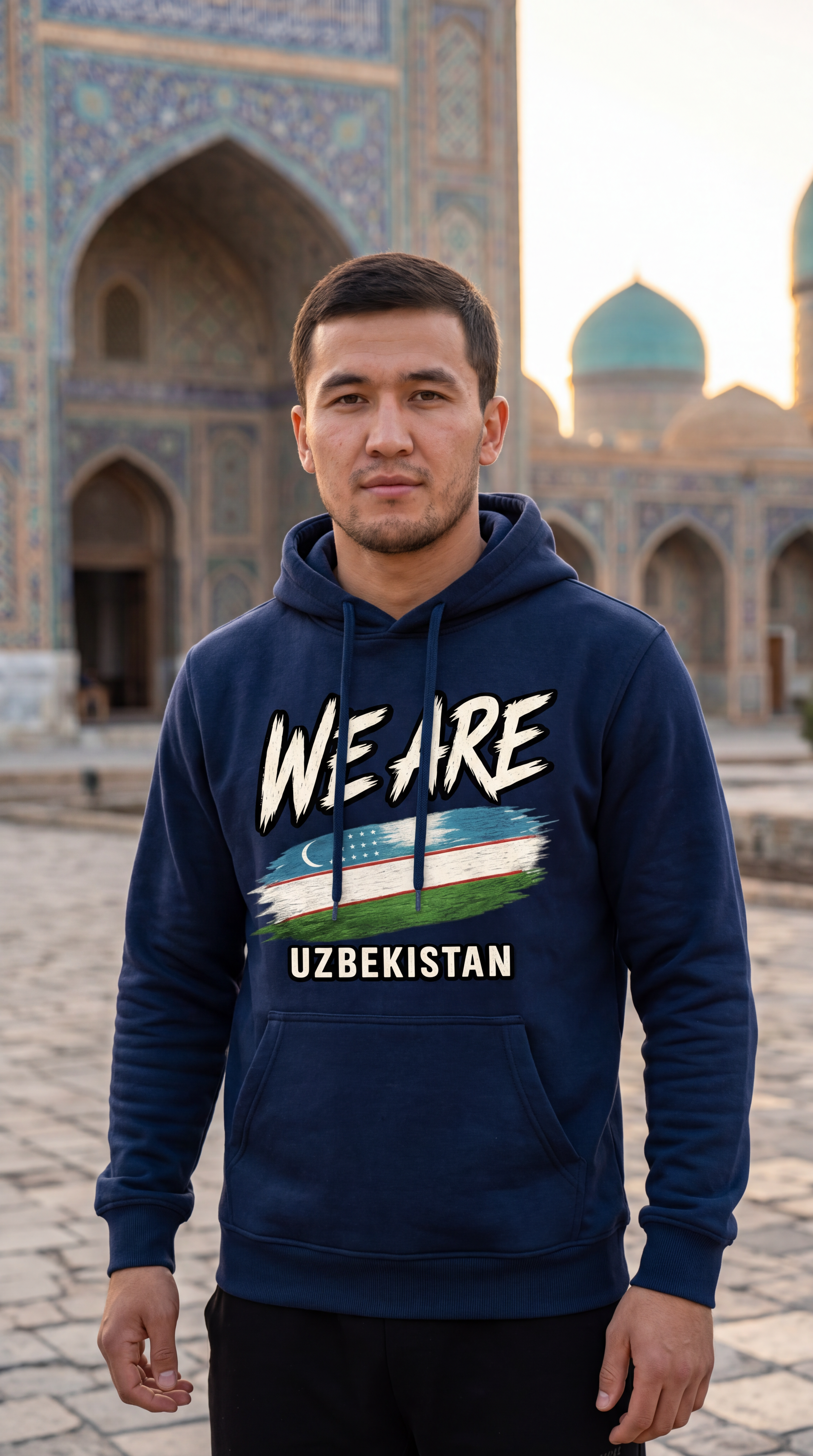 A man wearing a navy blue hoodie with a graphic print that reads 'WE ARE UZBEKISTAN' and features the Uzbek flag, standing in front of a historic tiled mosque with domes.