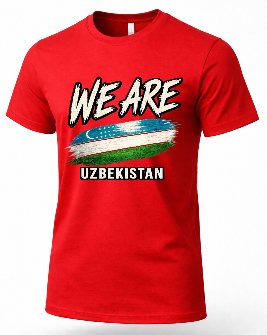 A red short-sleeve crewneck t-shirt featuring a graphic print with the text 'WE ARE' above a stylized flag of Uzbekistan and 'UZBEKISTAN' below, shown on a plain white background.