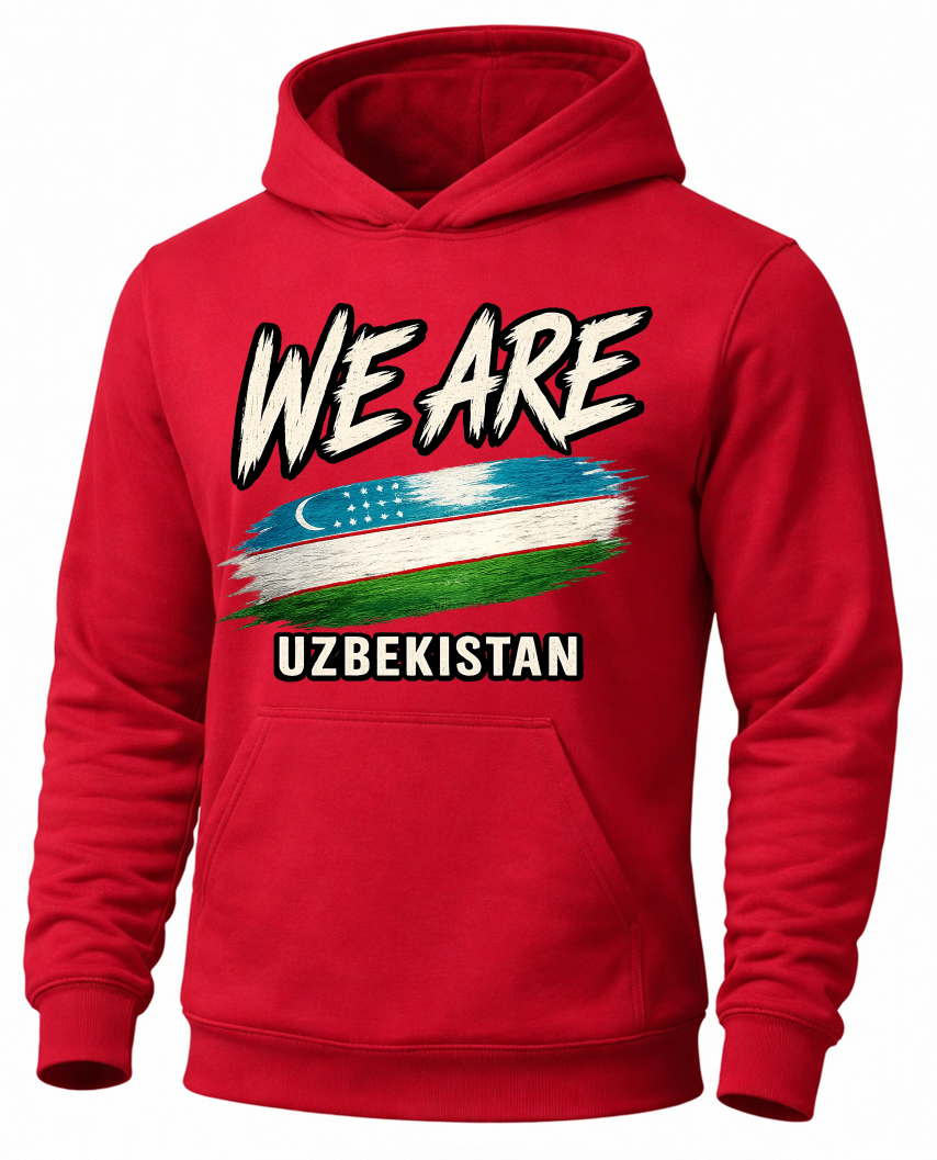 A red pullover hoodie with a graphic print on the front. The design features the text 'WE ARE' in a white and black brush-stroke font, a distressed horizontal flag of Uzbekistan in the center, and 'UZBEKISTAN' in white block letters with a black outline below.