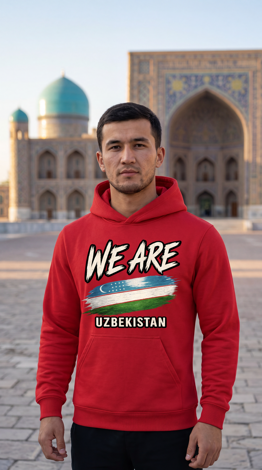 A man wearing a red hoodie with a graphic print that reads 'WE ARE UZBEKISTAN' and features the Uzbek flag, standing in front of a historic tiled mosque.