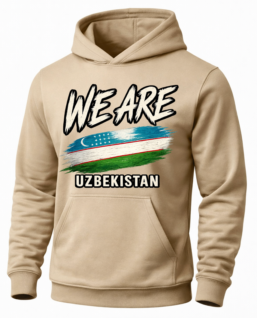 A beige pullover hoodie with a graphic print on the front. The design features the text 'WE ARE' in a bold, black-and-white brush-stroke font above a stylized, distressed flag of Uzbekistan, and 'UZBEKISTAN' printed below in white block letters with a black outline.