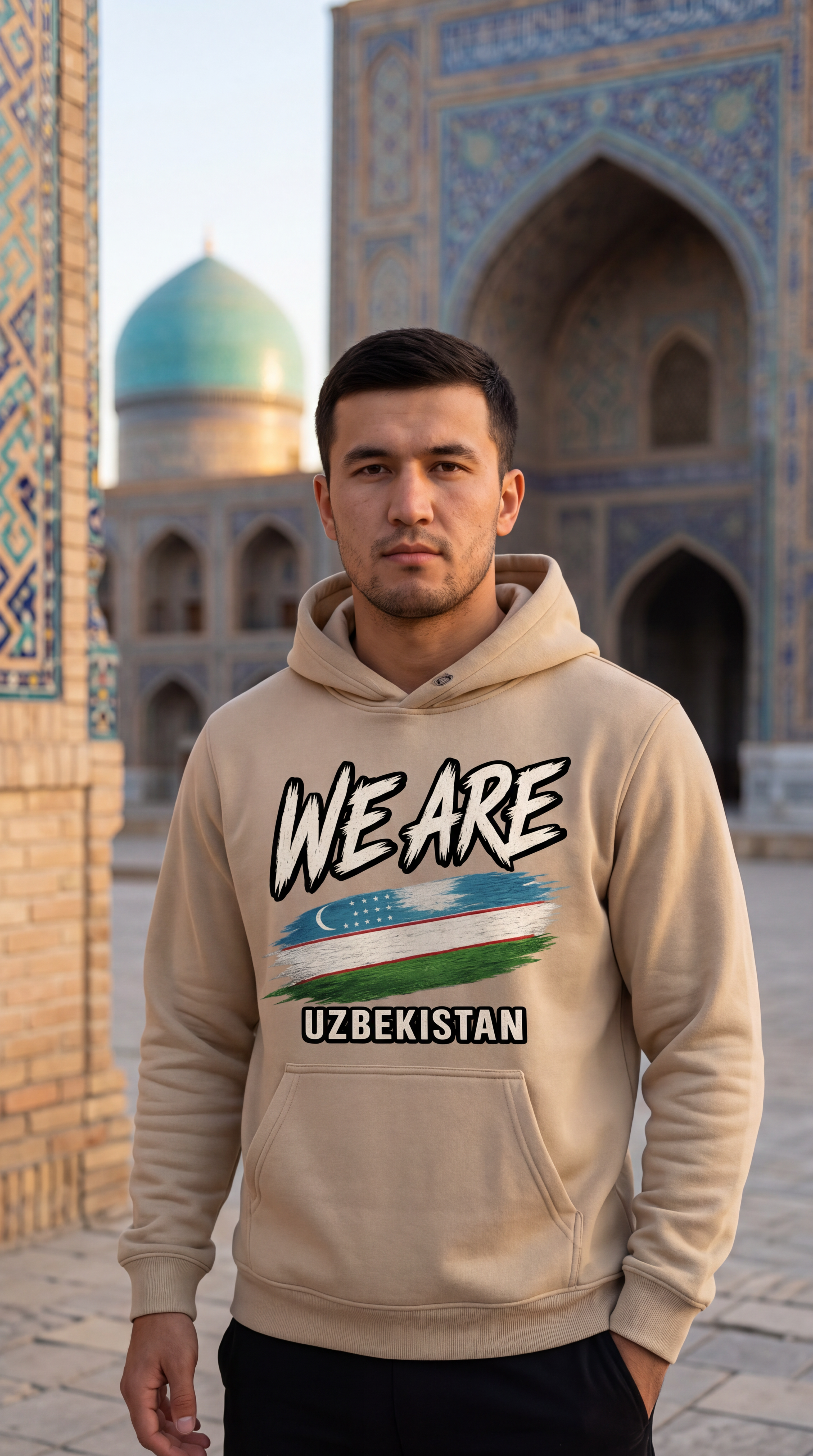 A man wearing a beige hoodie with a graphic print that reads 'WE ARE UZBEKISTAN' and features the Uzbek flag, standing in front of a historic tiled mosque with a green dome.