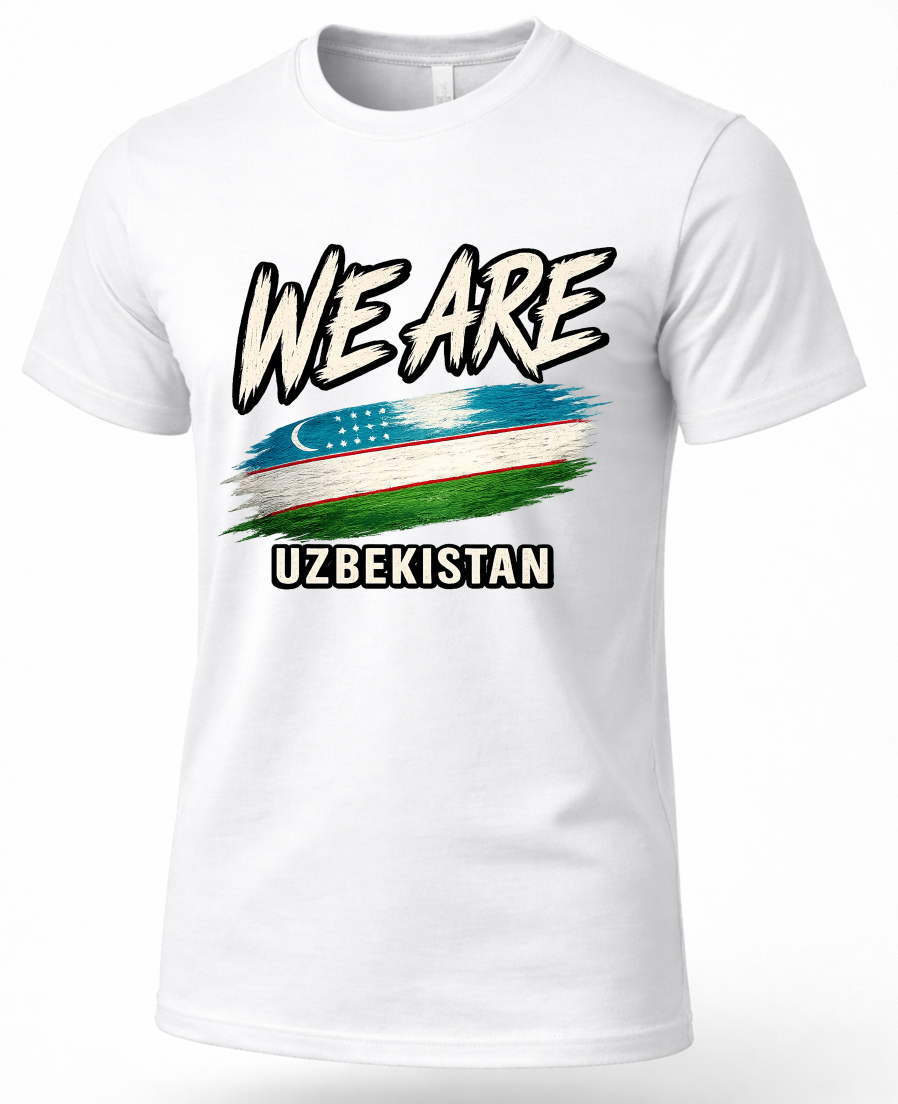 A white short-sleeve crewneck t-shirt featuring a distressed graphic print of the Uzbekistan flag and the text 'WE ARE UZBEKISTAN' in black and white lettering.