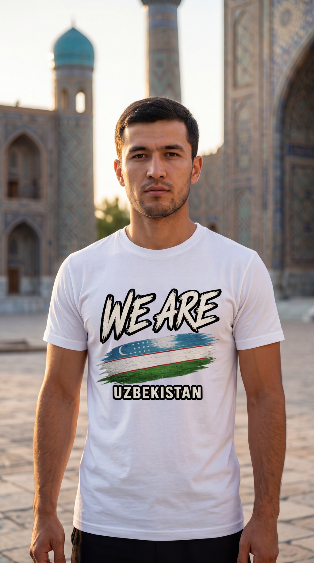 A man wearing a white graphic t-shirt with 'WE ARE UZBEKISTAN' and a stylized flag design, standing in front of a historic tiled mosque with minarets.