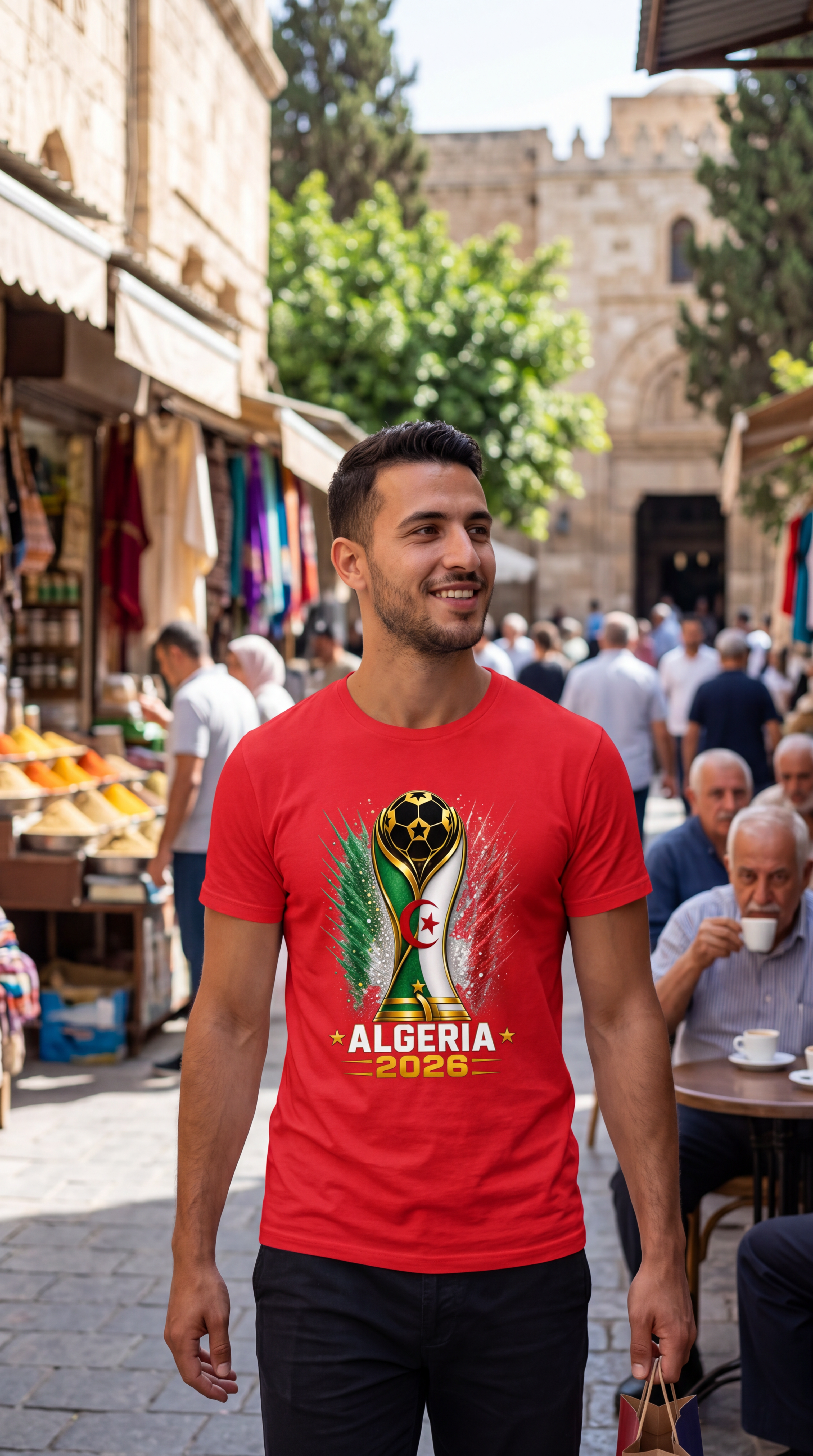 Man wearing a black t-shirt with Egypt 2026 design in an urban setting