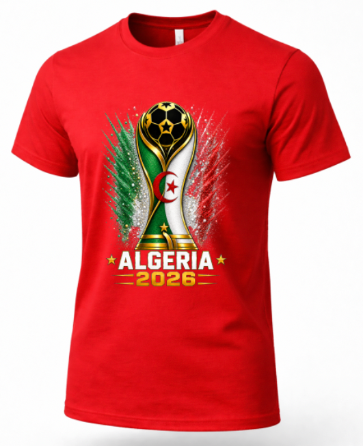 Red t-shirt with Algeria 2026世界杯 design on a white background