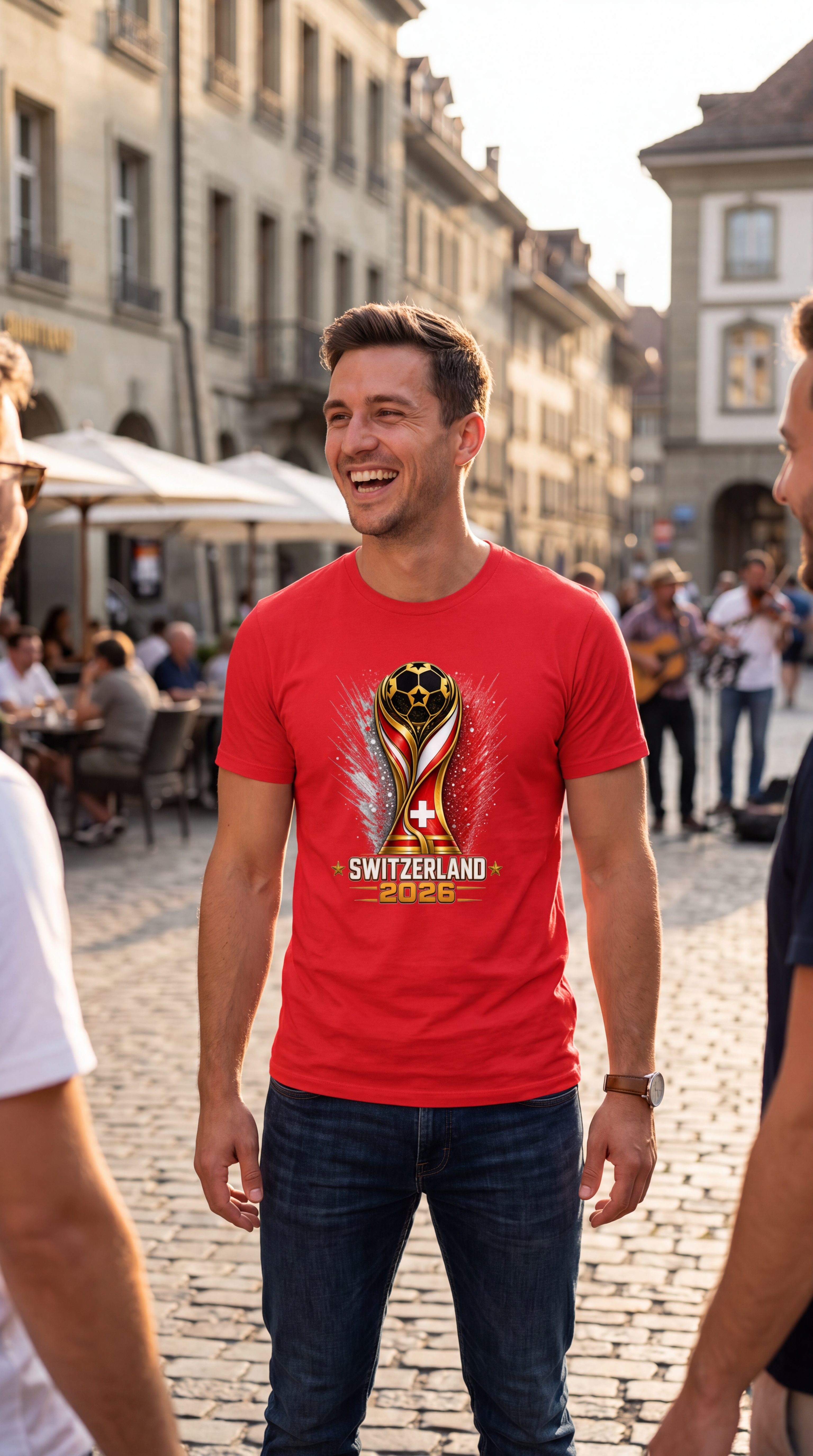 Man wearing a red t-shirt with a Switzerland 2024 design on a street.